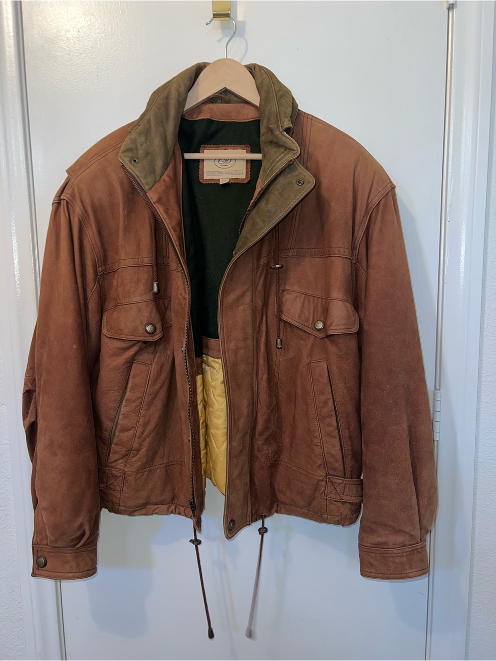 Men's Brown Leather Bomber Jacket with Olive Collar